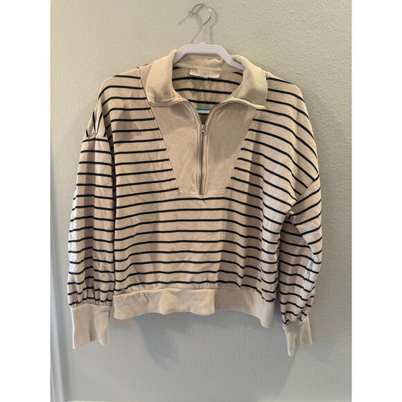 LOFT Women's Striped Quarter-zip Pullover Navy Cream Sweatshirt Sz M - Picture 1 of 6